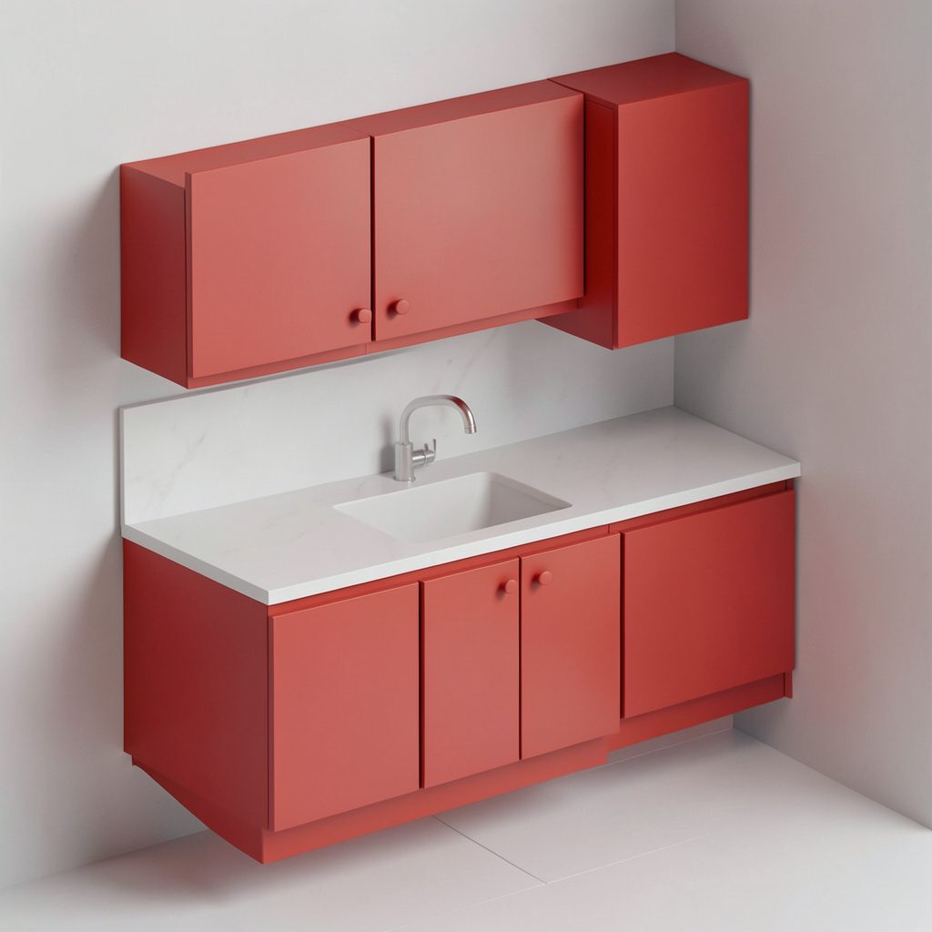 Isometric 3D render of a small white kitchen cabinet layout in soft cream and pale wood tones with a tidy, modern mood.