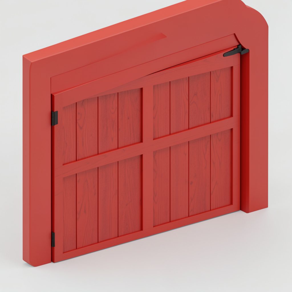 Isometric 3D render of a handsome solid wood garage door with rich brown planks against a soft beige facade.