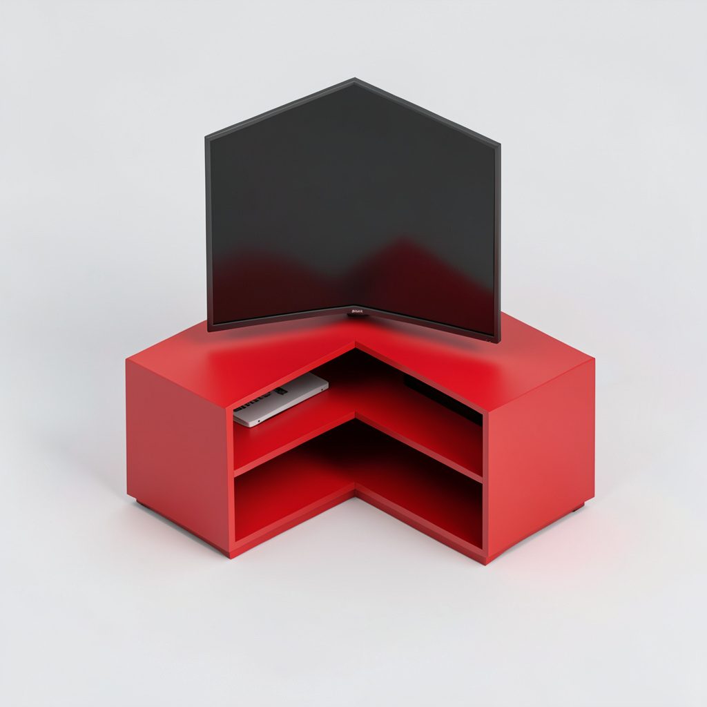 Isometric render of a corner electric fireplace media console with dark wood cabinetry and glass doors