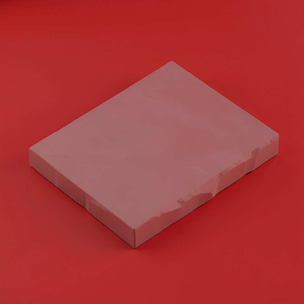 Isometric 3D render of a natural stone fireplace hearth in earthy tan and grey tones with a warm rustic mood.