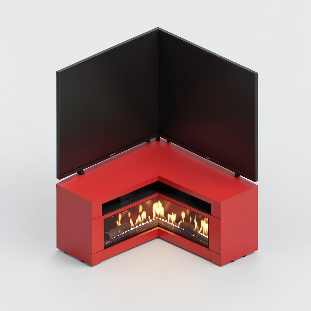 Isometric 3D render of a corner TV stand with electric fireplace in dark walnut and warm amber tones.