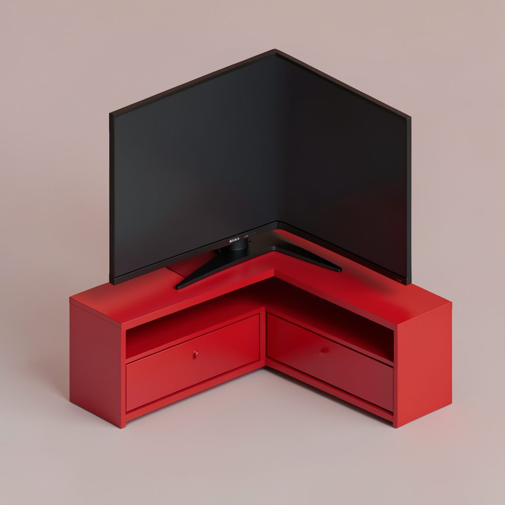 Isometric 3D render of a corner electric fireplace TV stand in soft greys and warm ambient light with a cozy media-room mood.