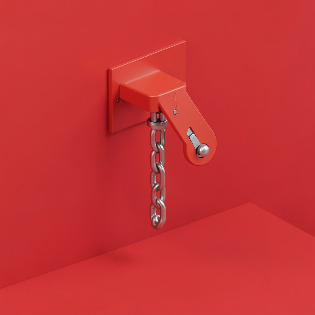 Isometric 3D render of a garage door chain hoist mechanism in industrial greys and metallic tones with a mechanical mood.