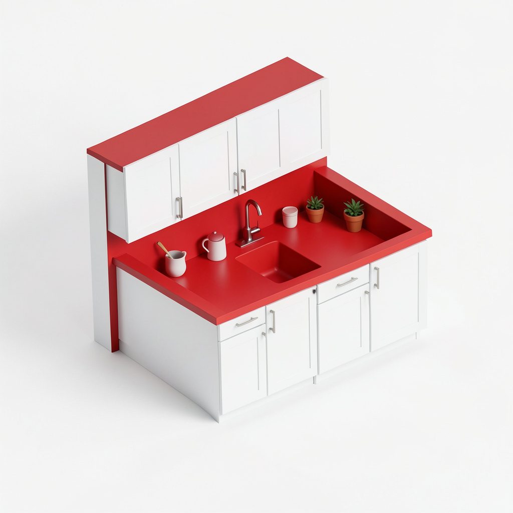 Isometric 3D render of small white kitchen cabinets in bright airy tones with a modern mood.