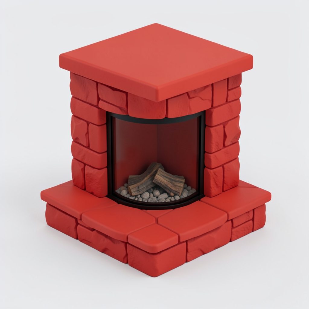 Isometric render of a stone fireplace hearth with warm beige and grey stacked stones and a dark mantel, cozy living room mood