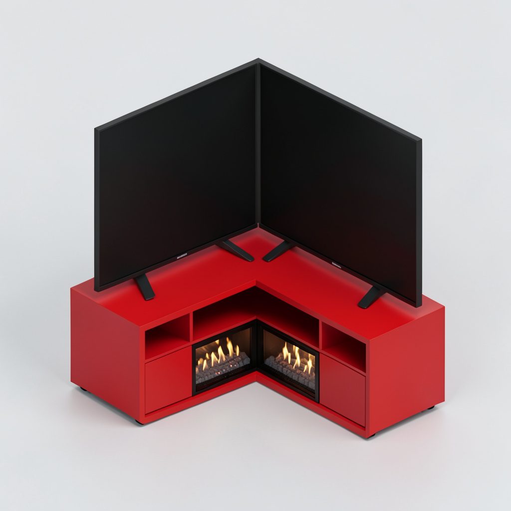 Isometric render of a corner electric fireplace entertainment center with light oak wood and open shelving