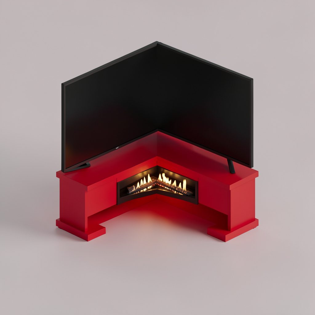Isometric render of a corner TV stand paired with an electric fireplace in charcoal grey and black finishes
