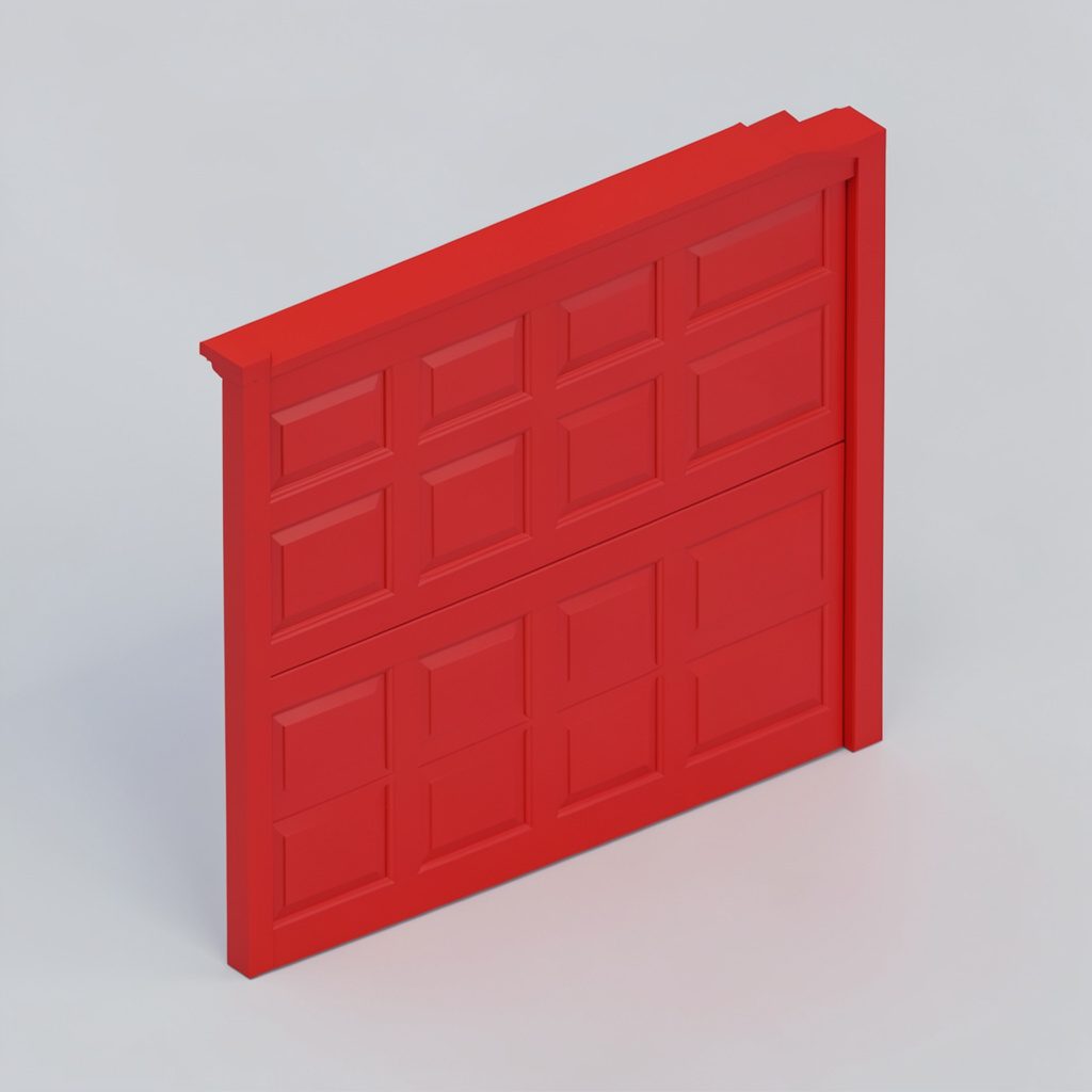 Isometric 3D render of wood garage door panels in honey-brown tones with a craftsman mood.