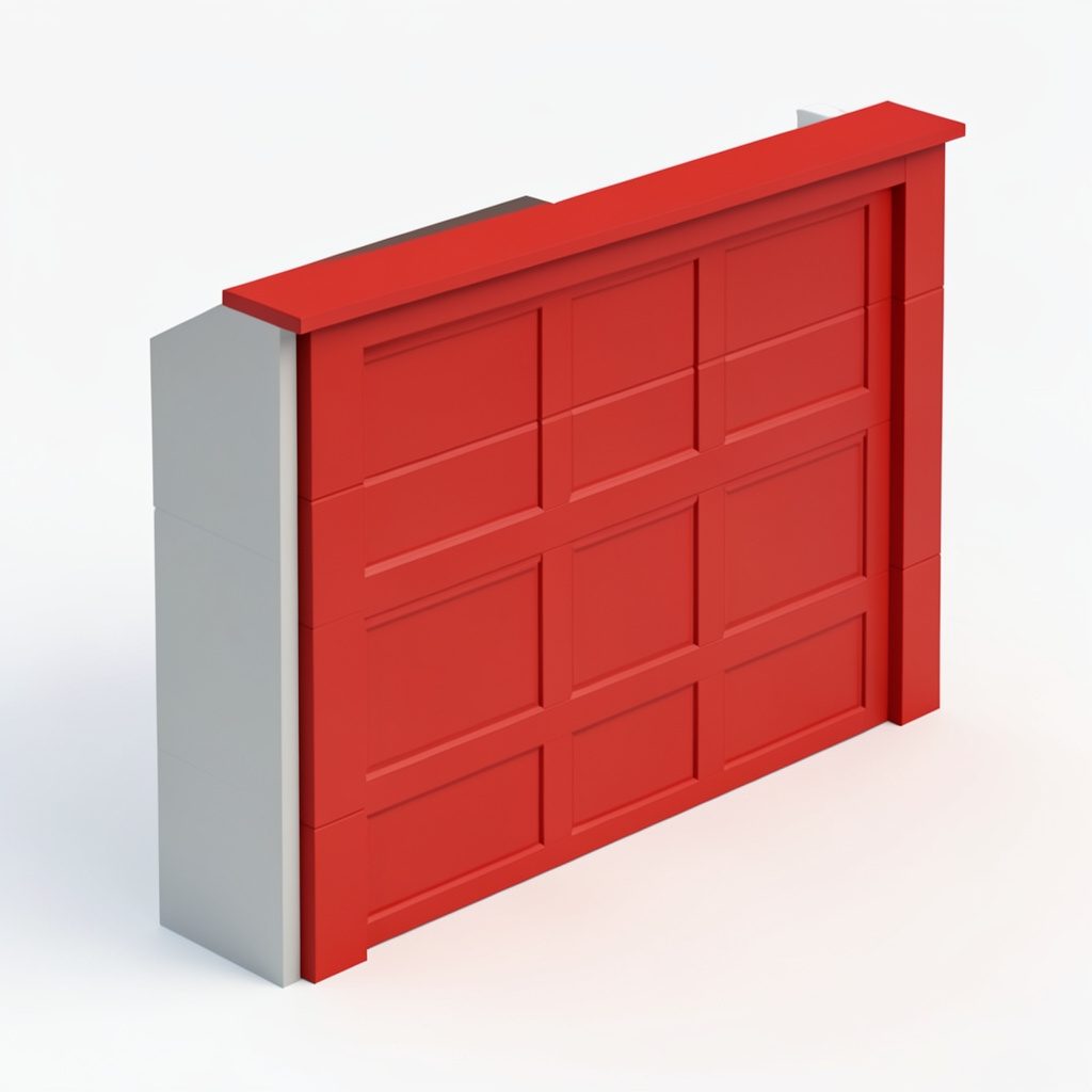 Isometric 3D render of custom solid wood garage doors in warm brown tones with a clean architectural mood.